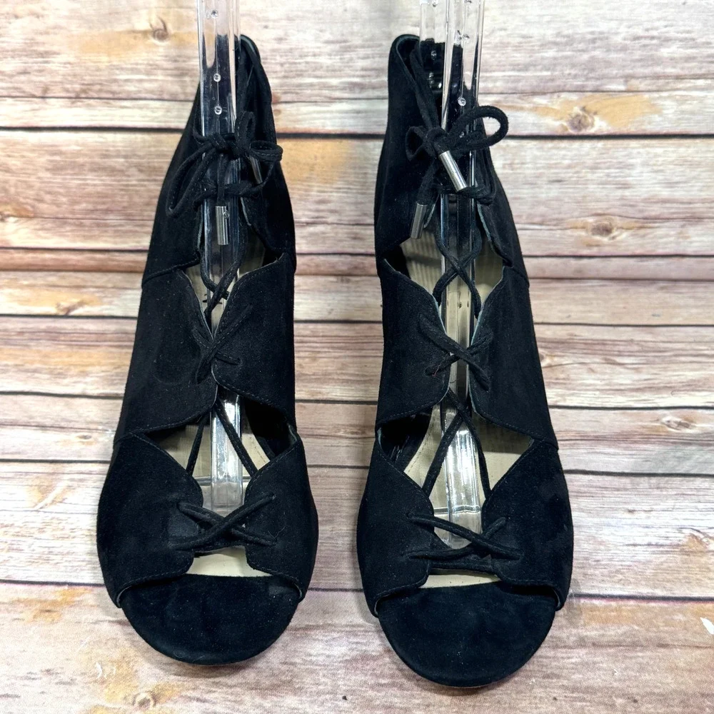 Via Spiga Vibe Womens Black Suede Open Toe Lace Up Stiletto Heel Shoes 11M